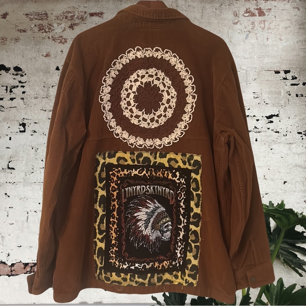 Upcycled doily lynyrd skynyrd leopard patched corduroy rocker biker boho jacket